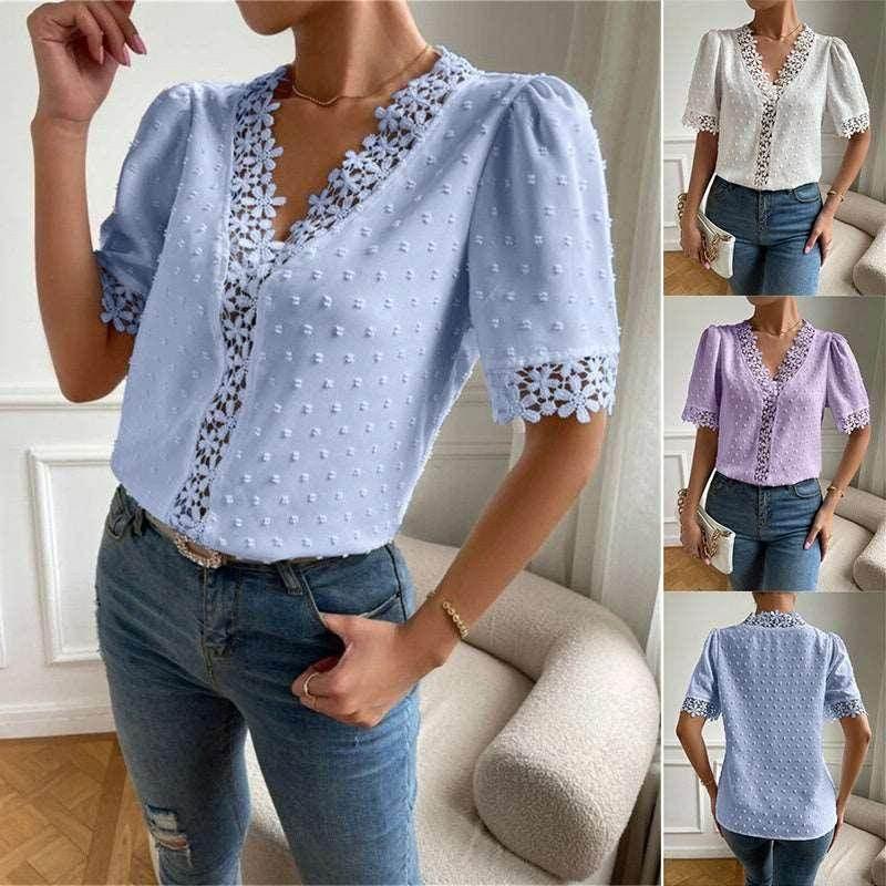 Floral Lace V-Neck Puff Sleeve Summer Top Women - ZA-Zola