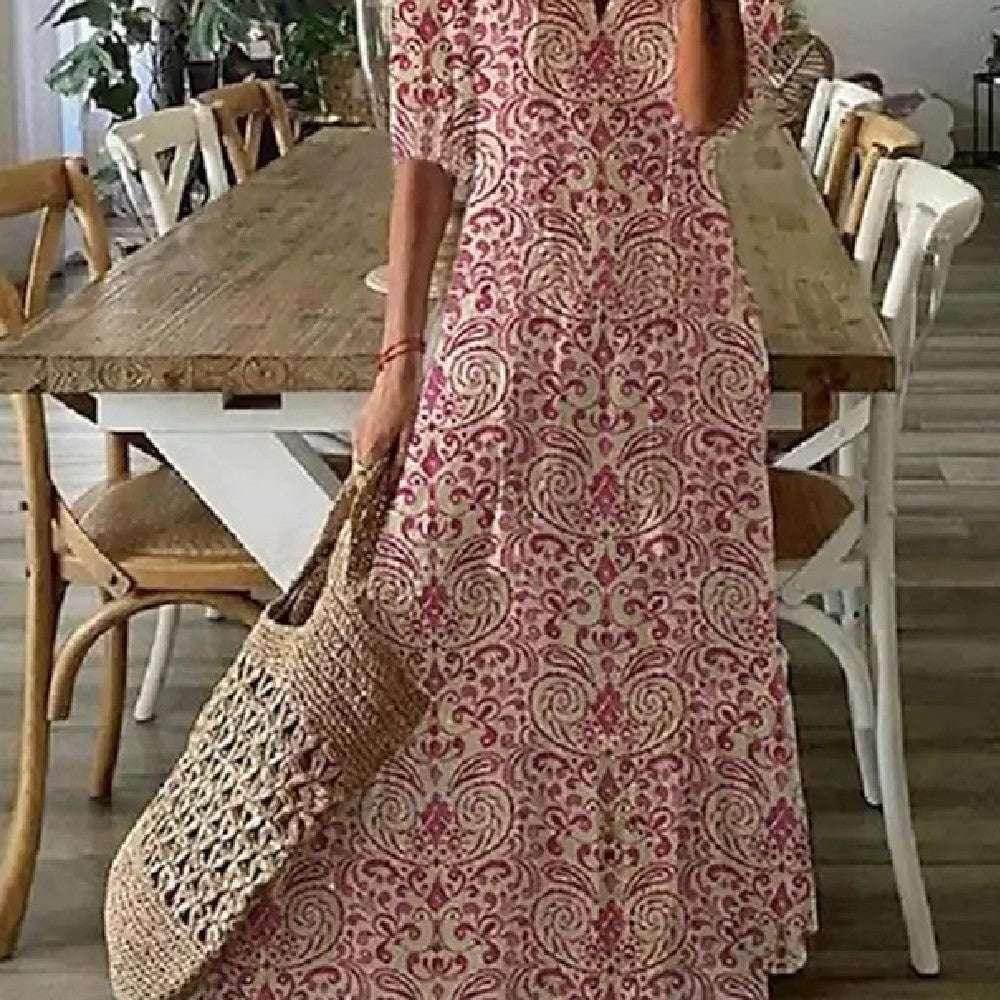 Floral V-Neck Long Dress – Elegant & Flowy Fit - ZA-Zola