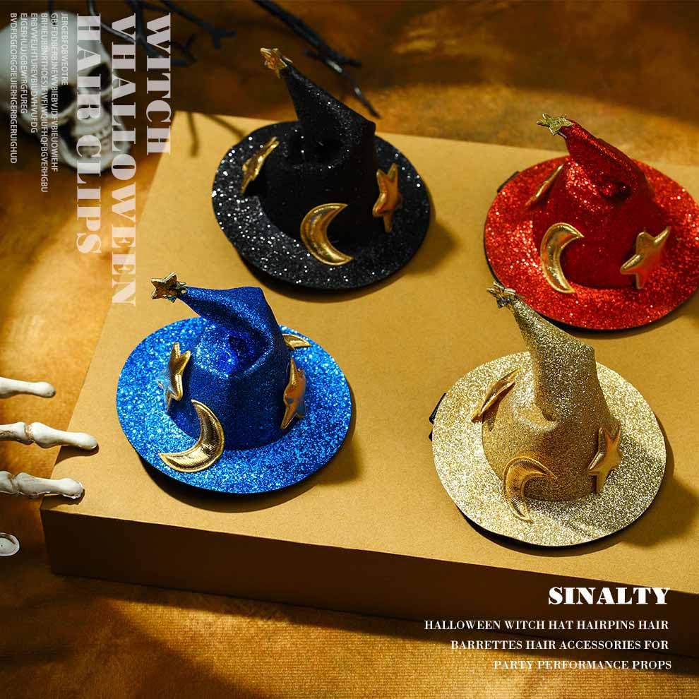 Set of Halloween-themed hair accessories including witch hats on a brown surface.
