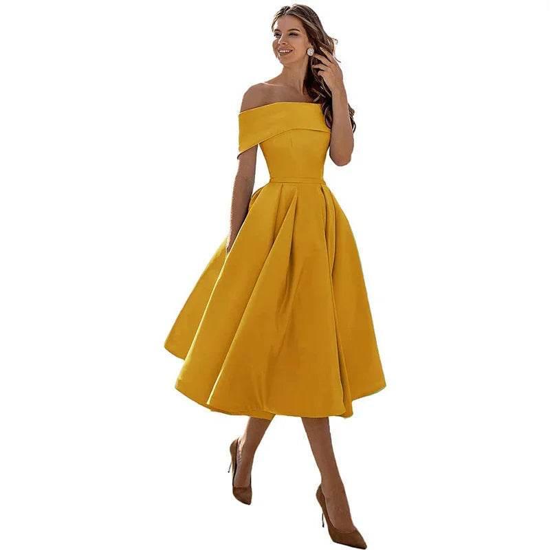 Off-Shoulder Satin Tea-Length Party Dress - ZA-Zola