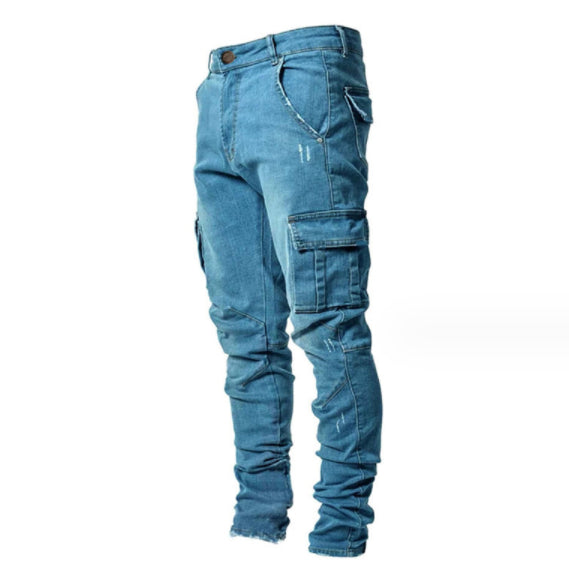 Blue jeans with multiple pockets on a white background