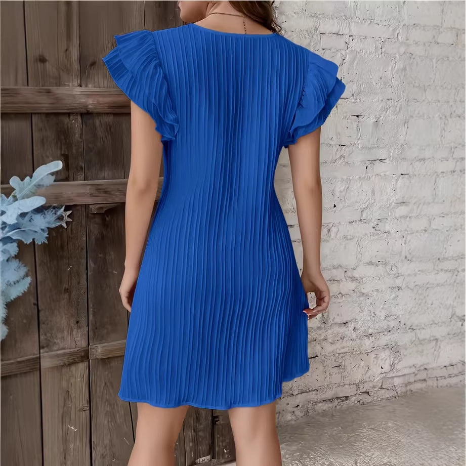 High-End Pleated Ruffle Solid Color Patchwork Midi Dress for Women