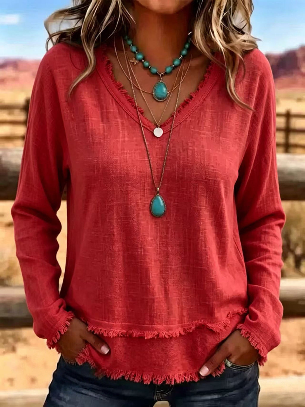 Women's V-Neck Long Sleeve Tassel Top | Casual Fit
