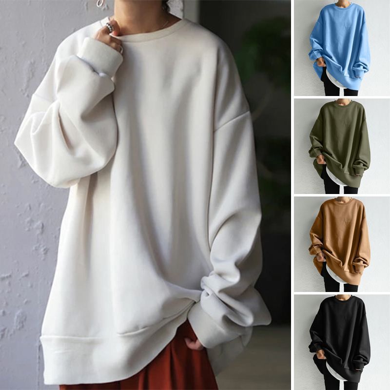 Collage of oversized sweatshirts in various colors with a person wearing a white one.