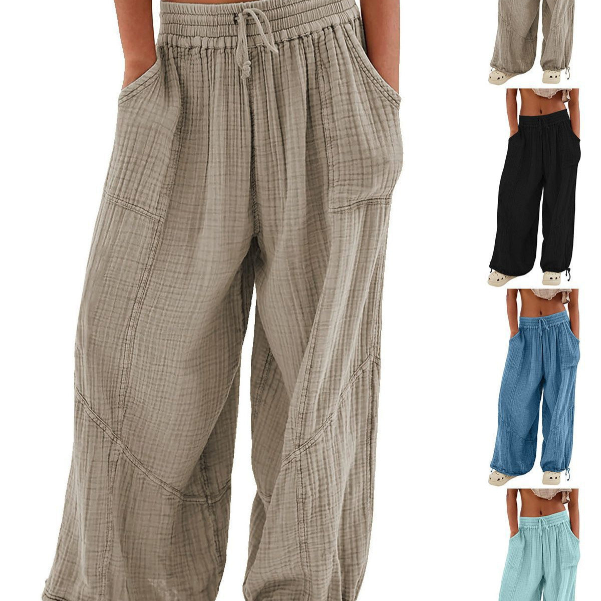 Plaid pants with additional color options displayed below on a white background