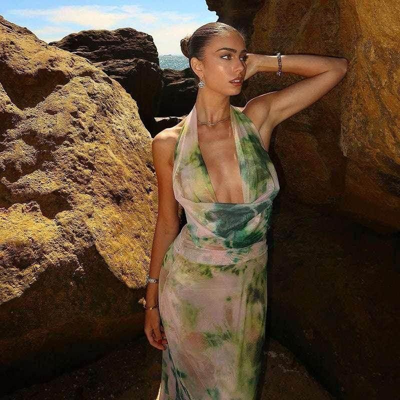 Women's 2pcs Tie Dye Deep V-Neck Backless Beach Set - ZA-Zola