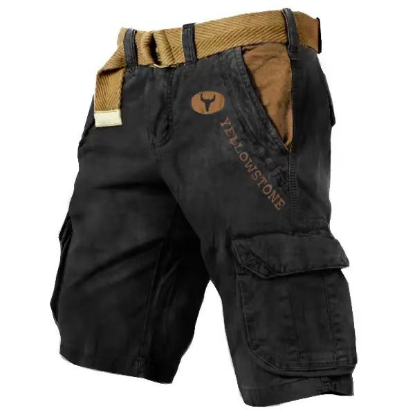 Black cargo shorts with a brown belt and 'Yellowstone' branding on a white background