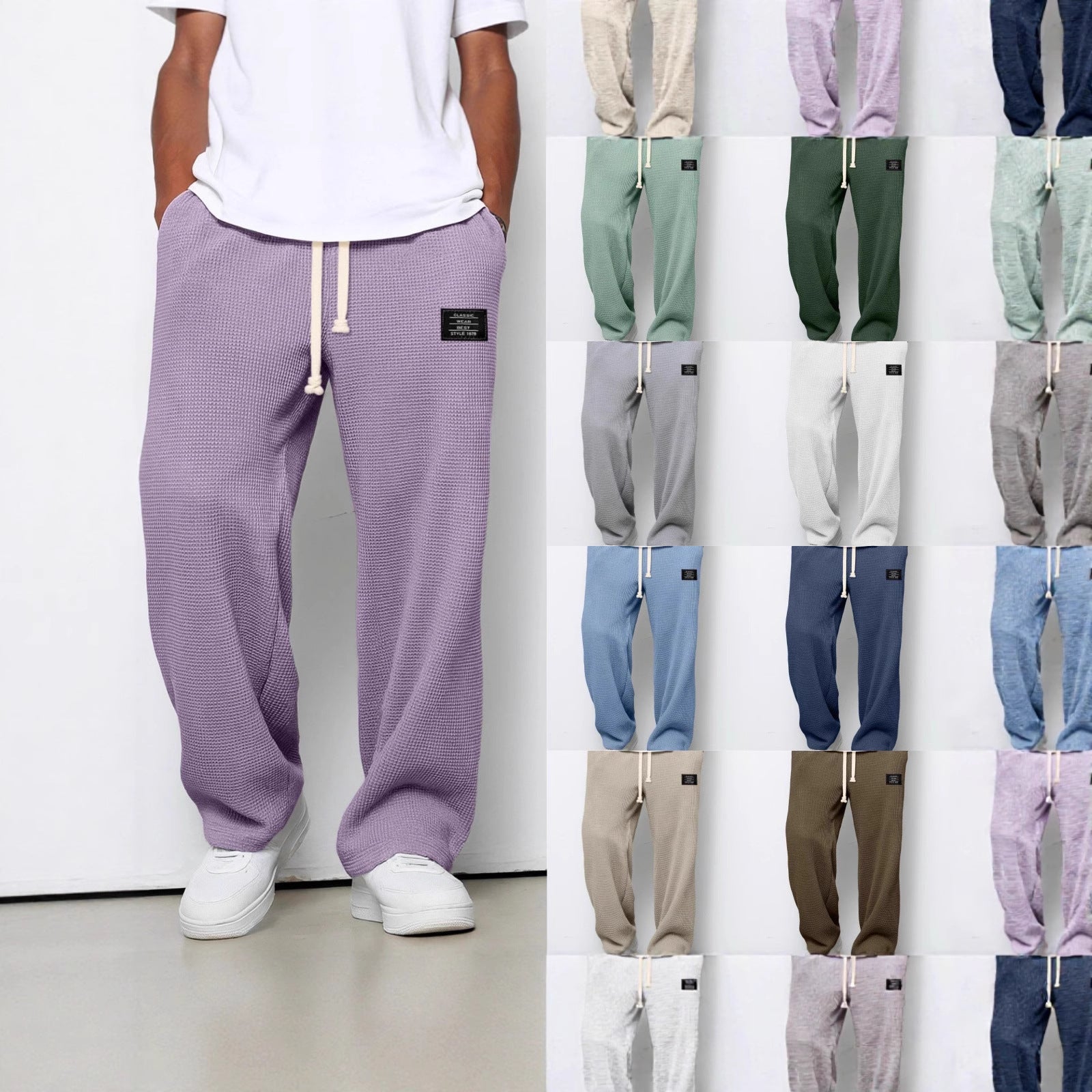 Purple jogger pants with a white shirt on a white background, surrounded by multiple color options.