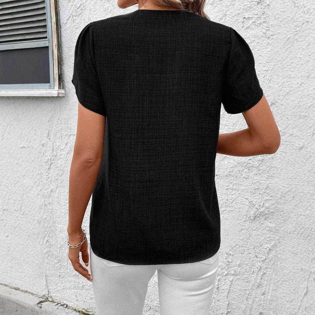 Half-Open Collar Printed Short Sleeve Blouse - ZA-Zola