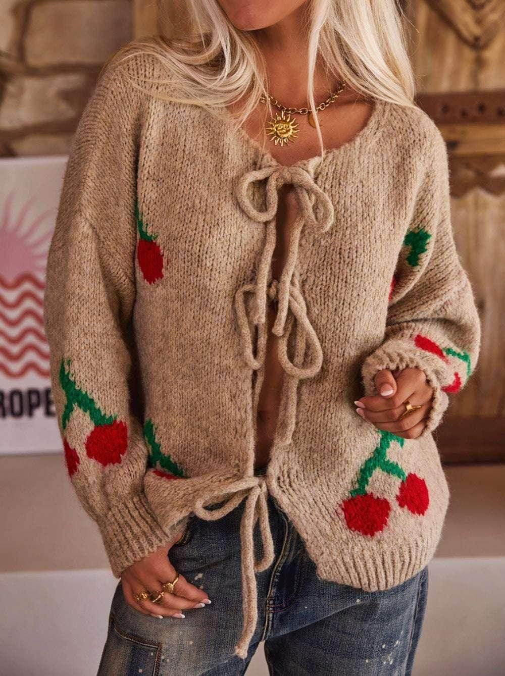Cherry Embroidered Cardigan Sweater Women - ZA-Zola