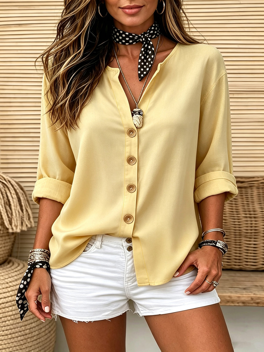 A woman wearing a pale yellow button-front blouse with rolled sleeves and white shorts, styled with a black-and-white polka dot neck scarf and layered necklaces, standing in front of a wicker and wood slat background.