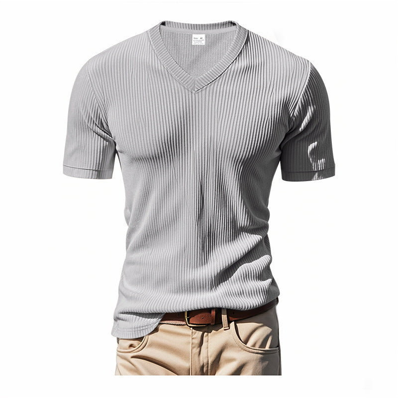 Gray ribbed V-neck t-shirt with a brand logo on a white background