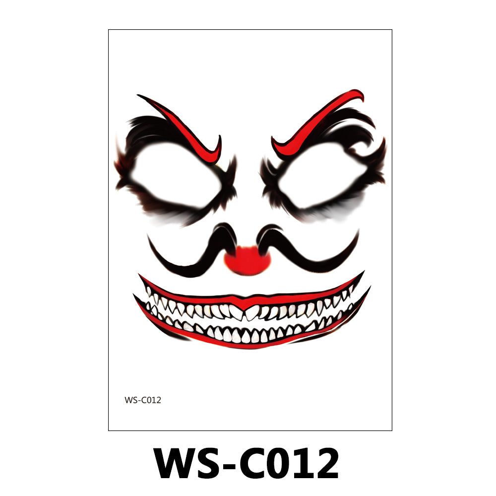 A temporary face mask template or design sheet featuring a stylized evil clown face with black hair-like markings, red eye accents, a red nose, and a wide grin with white teeth. The sheet includes the text 'WS-C012' and 'WS-C012' at the bottom.