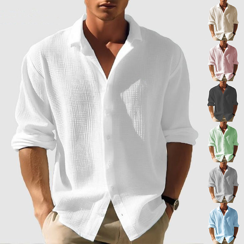 Man wearing a white textured shirt with color options displayed below.