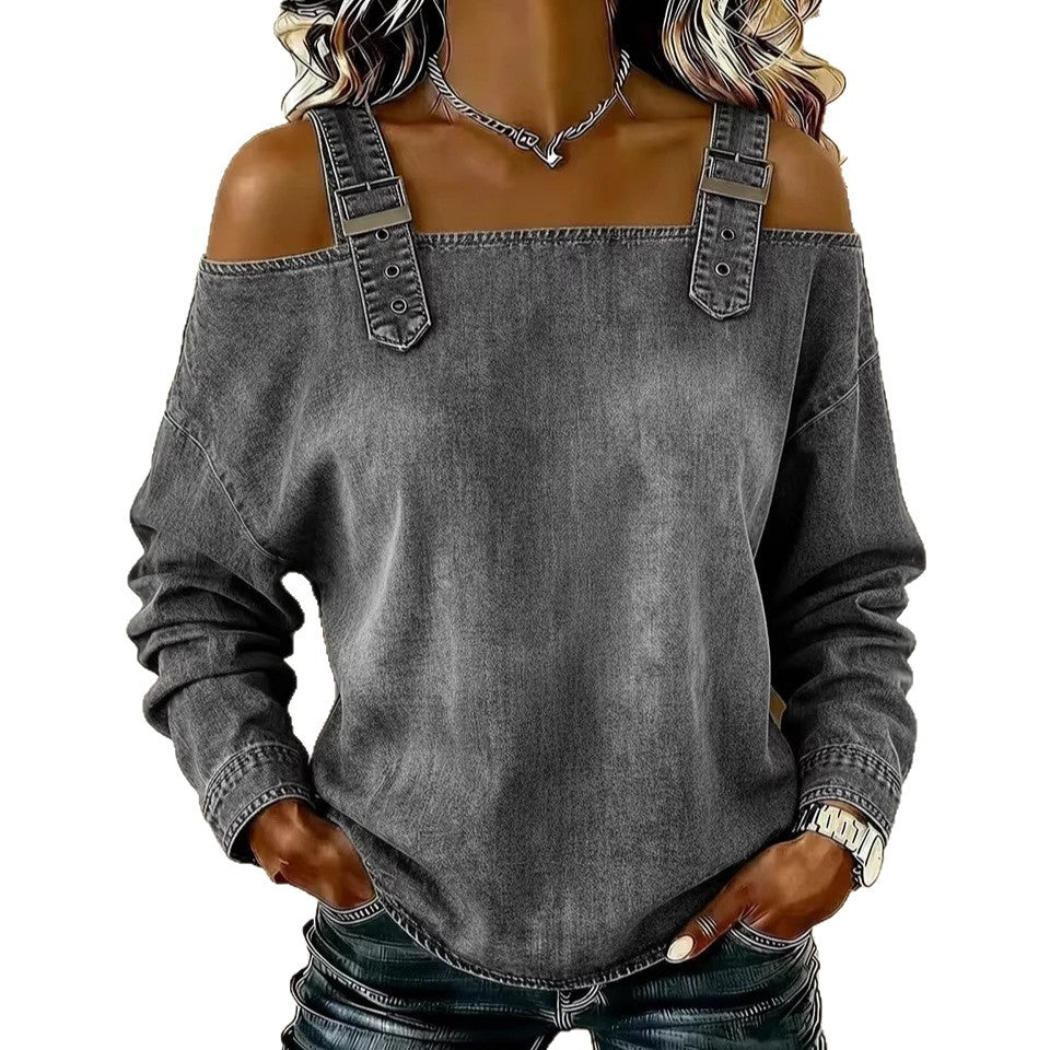 Gray off-shoulder sweatshirt with denim details on a white background
