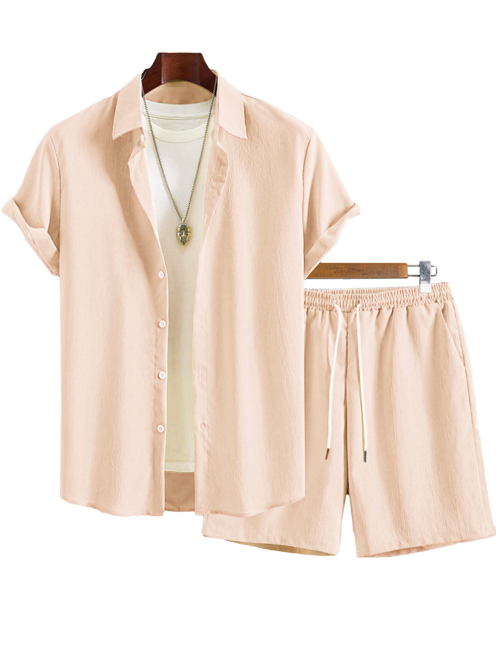 Beige shirt and shorts set on a mannequin with a white background