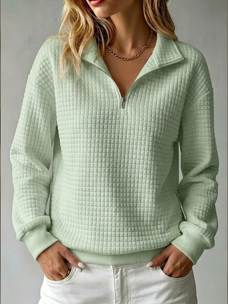 Stand Collar Zip Up Sweatshirt | Loose Fit Waffle Knit