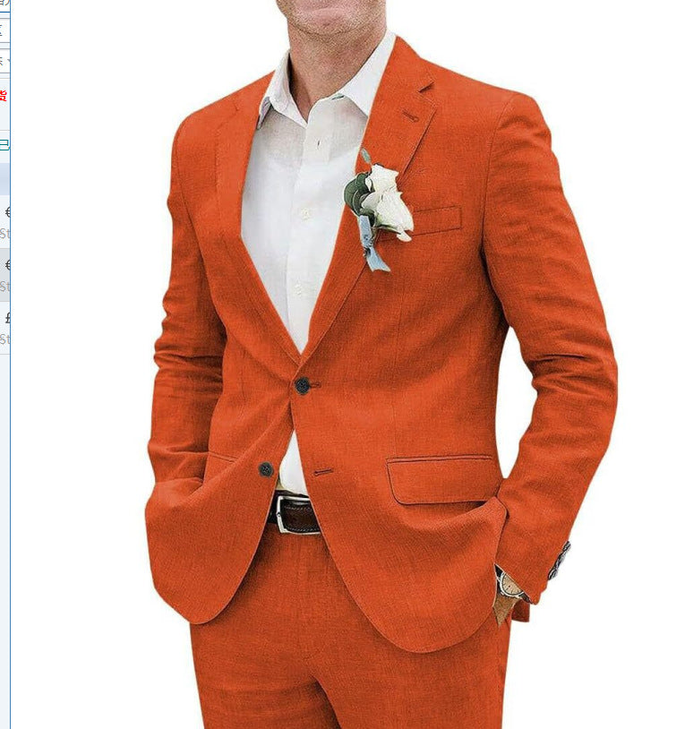 Orange suit with a white shirt and boutonniere on a white background