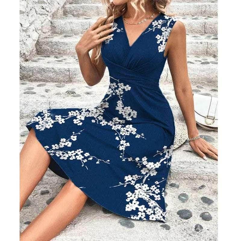 Light Blue Printed Cross V‑Neck Mid‑Length Dress - ZA-Zola