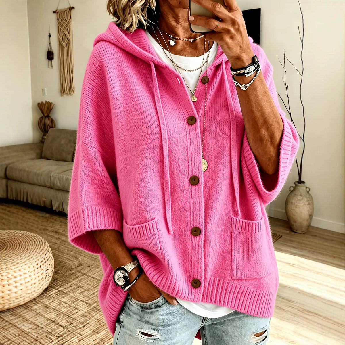 Women’s Knitted Hooded Coat | Button Cardigan Jacket