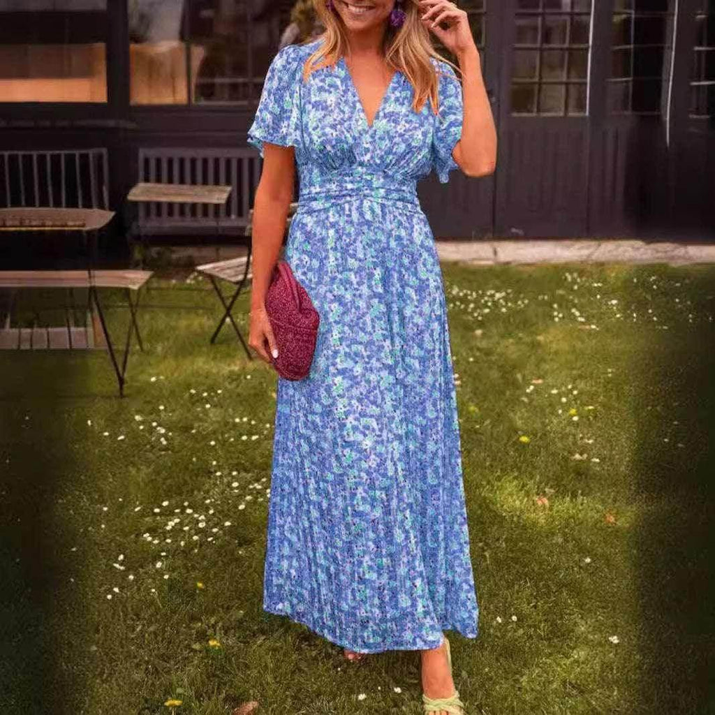 Floral V-Neck Waist Dress – Flowy & Feminine Fit - ZA-Zola