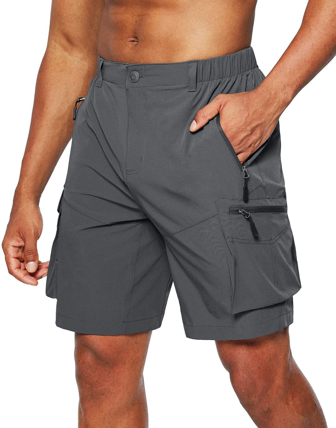 Gray cargo shorts worn by a person on a white background