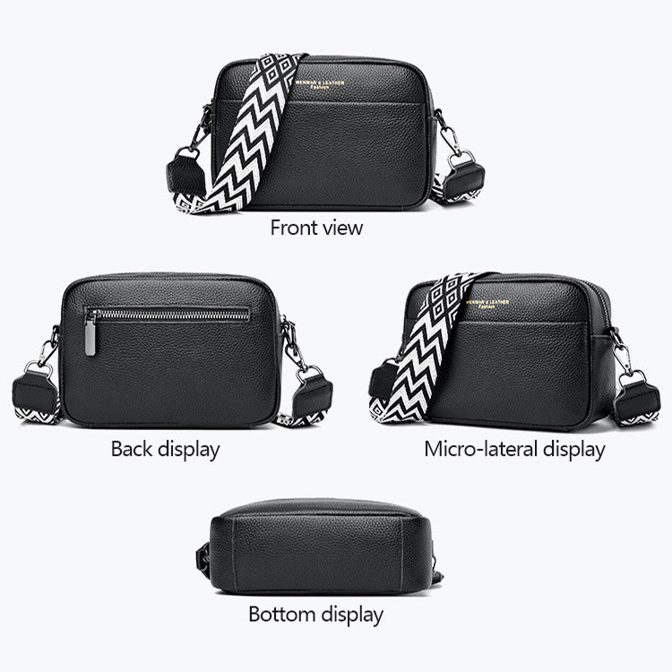 Black handbag with a patterned strap shown from multiple angles on a white background.