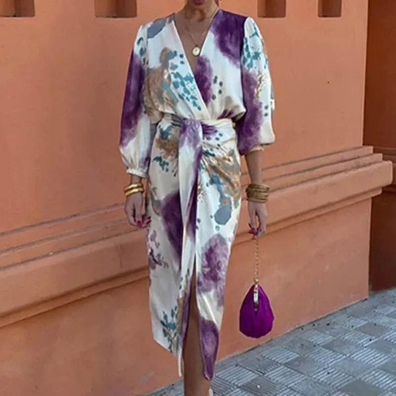 Chic V-Neck Long Sleeve Two-Piece Midi Dress - ZA-Zola
