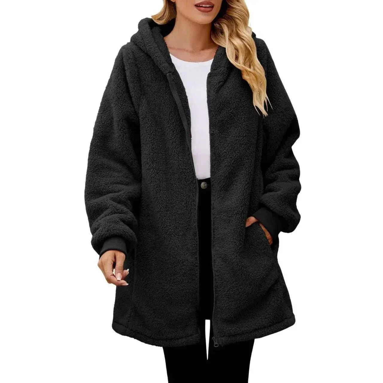 Women’s Plush Zip Hoodie Coat – Loose Long Sleeve Jacket - ZA-Zola