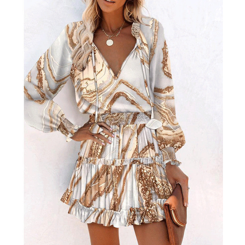 Floral Print Puff Sleeve Long Sleeve Dress – Fashion Patchwork Waist Tie Women's Clothing