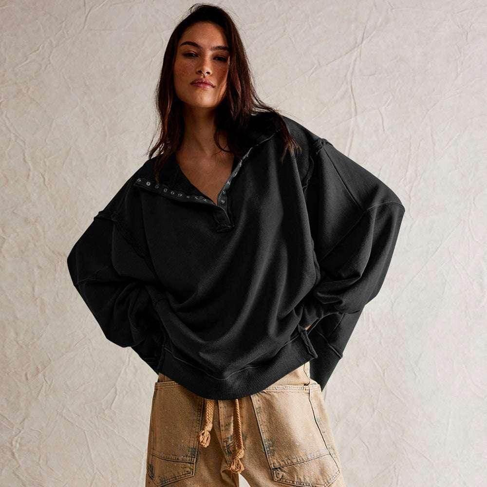 Lapel Button Slit Sweatshirt – Sporty & Stylish - ZA-Zola
