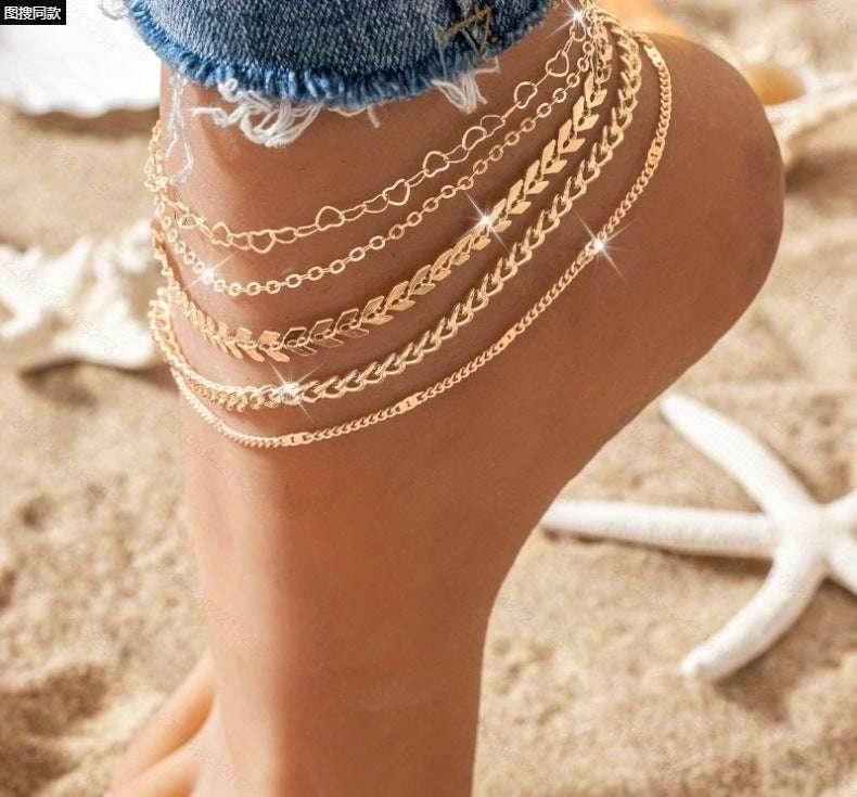 Boho Anklet Set – 5pcs Airplane & Heart Chain Layered Anklets - ZA-Zola