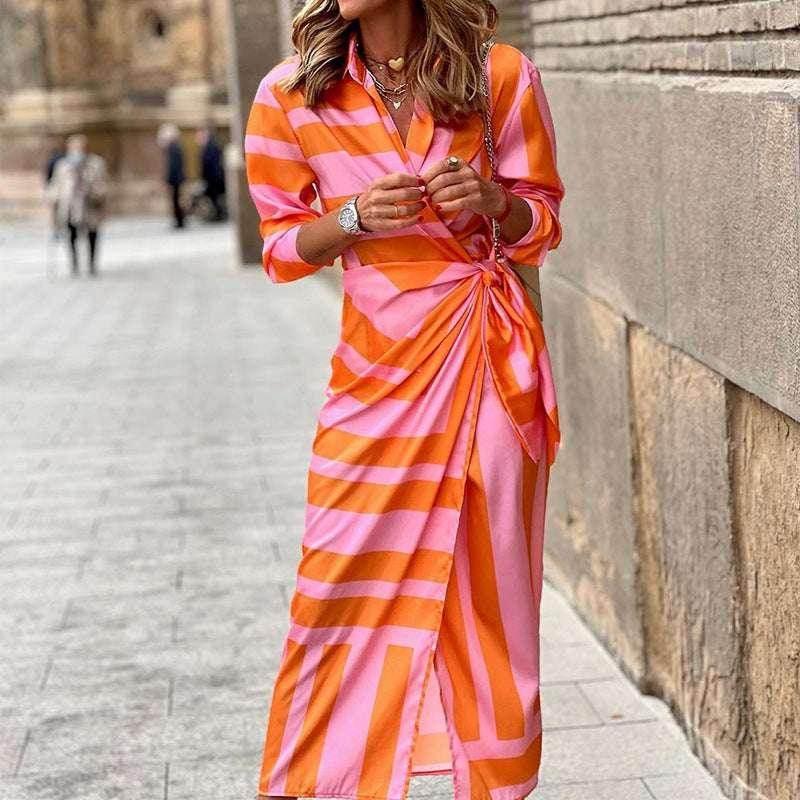Striped Lace-Up Cardigan Style Mid Dress - ZA-Zola