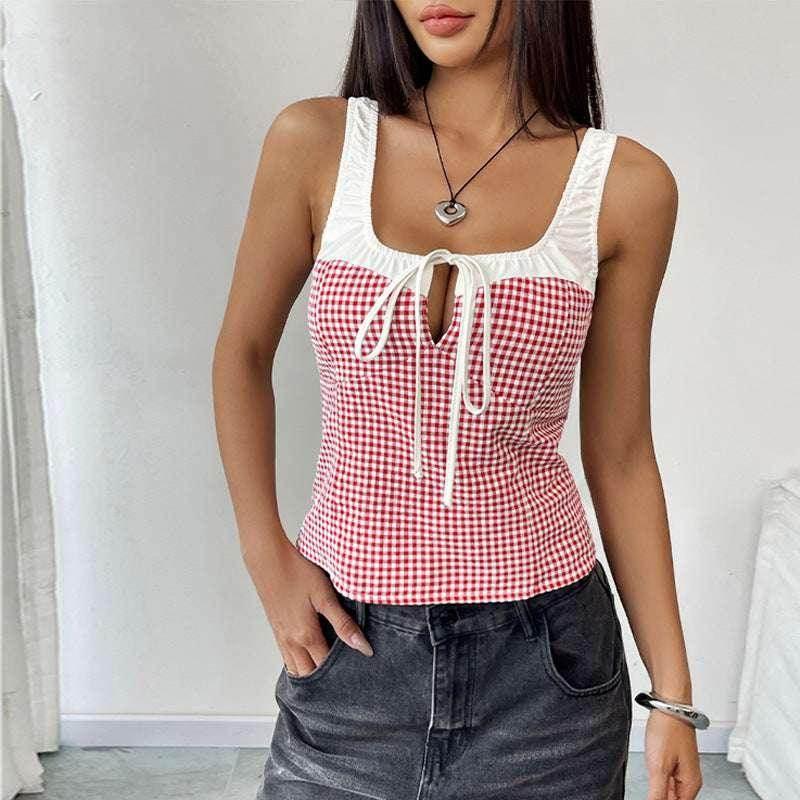 Plaid Lace Stitching Vest – Casual Red Sleeveless - ZA-Zola