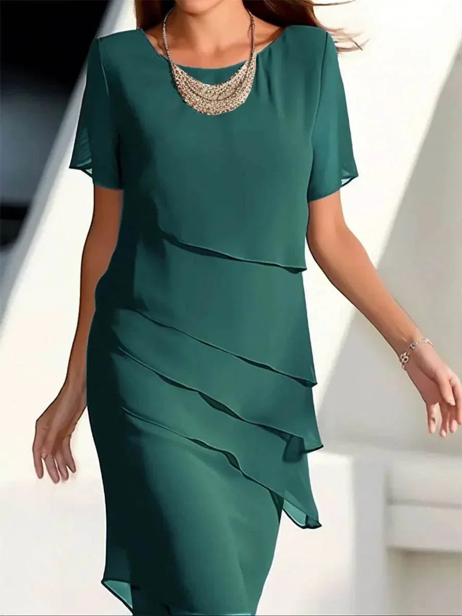 Chiffon Patchwork Round Neck Short Sleeve Dress - ZA-Zola