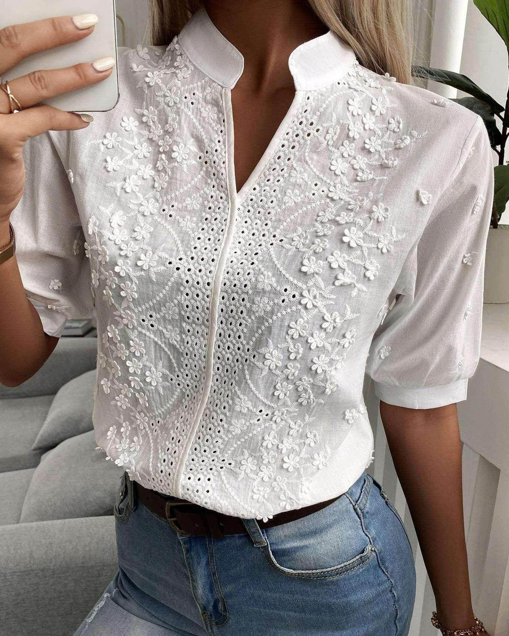 Lace V-Neck Stand Collar Embroidered Blouse - ZA-Zola