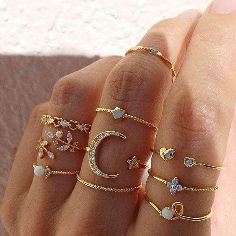 Bohemian Moon & Star Ring Set – 10-Piece Gold Look - ZA-Zola