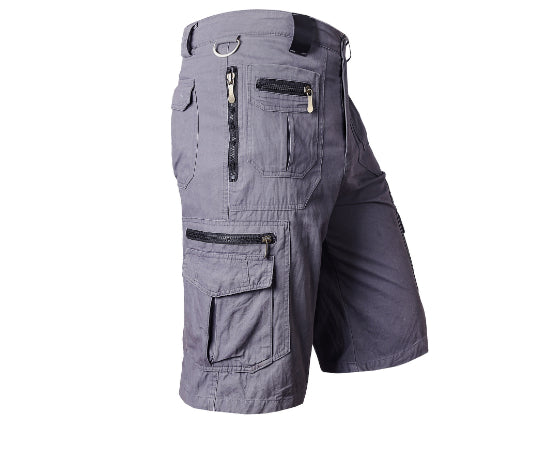 Gray cargo shorts with multiple pockets on a white background