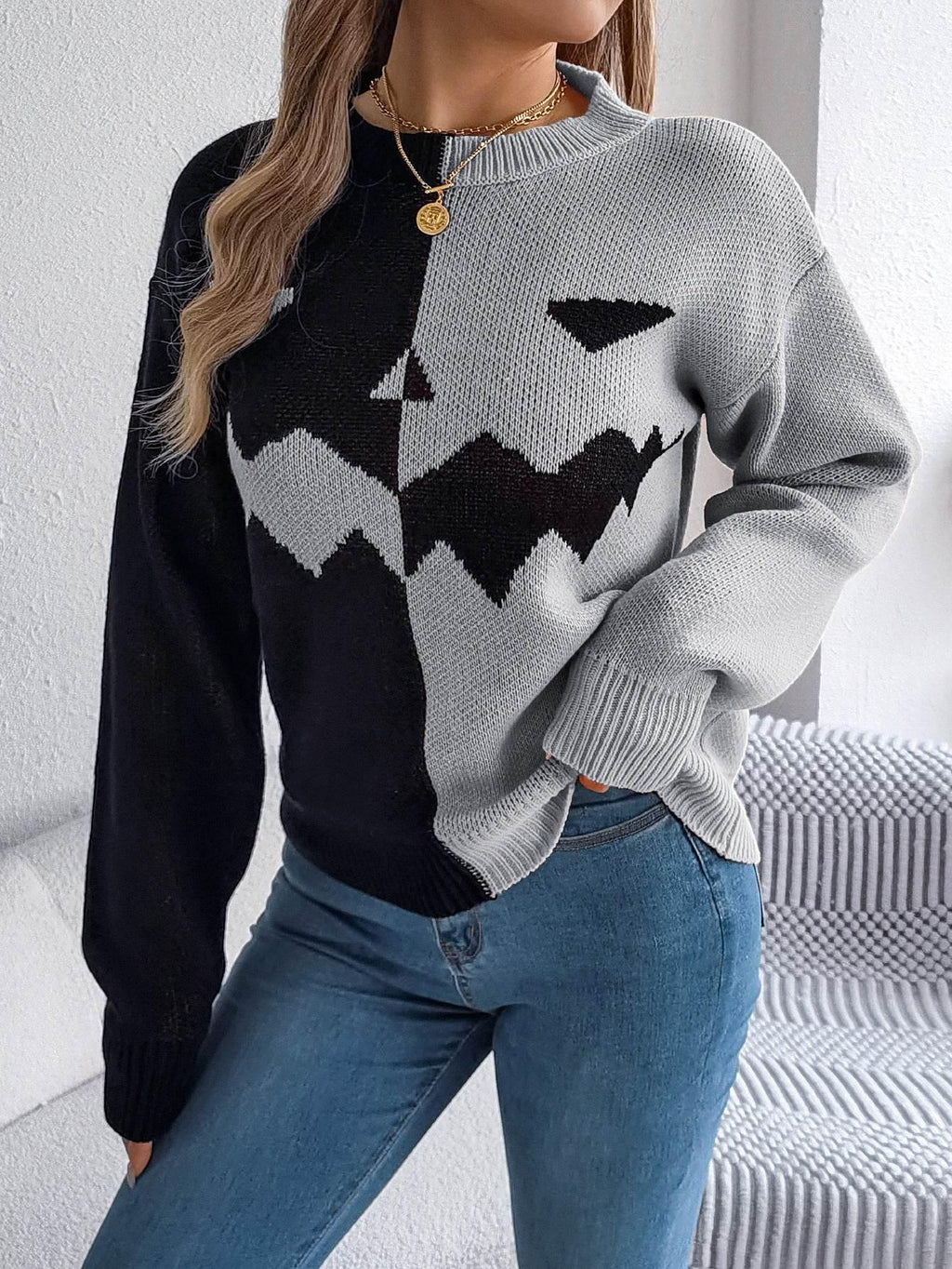 ZA-Zola Halloween Contrast Pullover Sweater Women - ZA-Zola