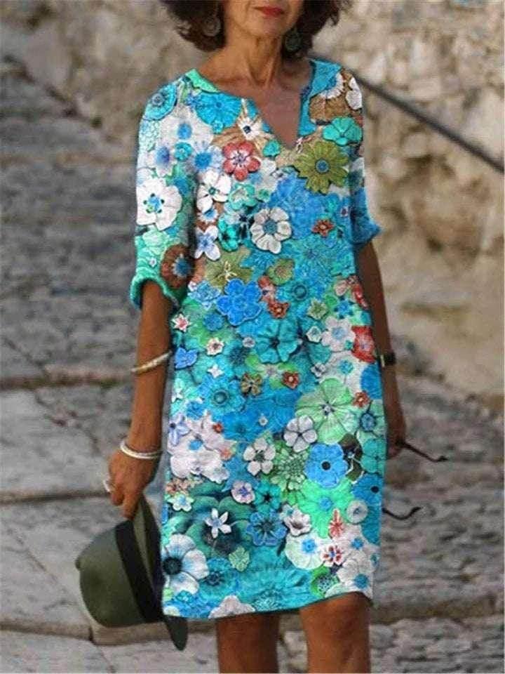Blue A-Line Printed Dress – Temperament Style - ZA-Zola