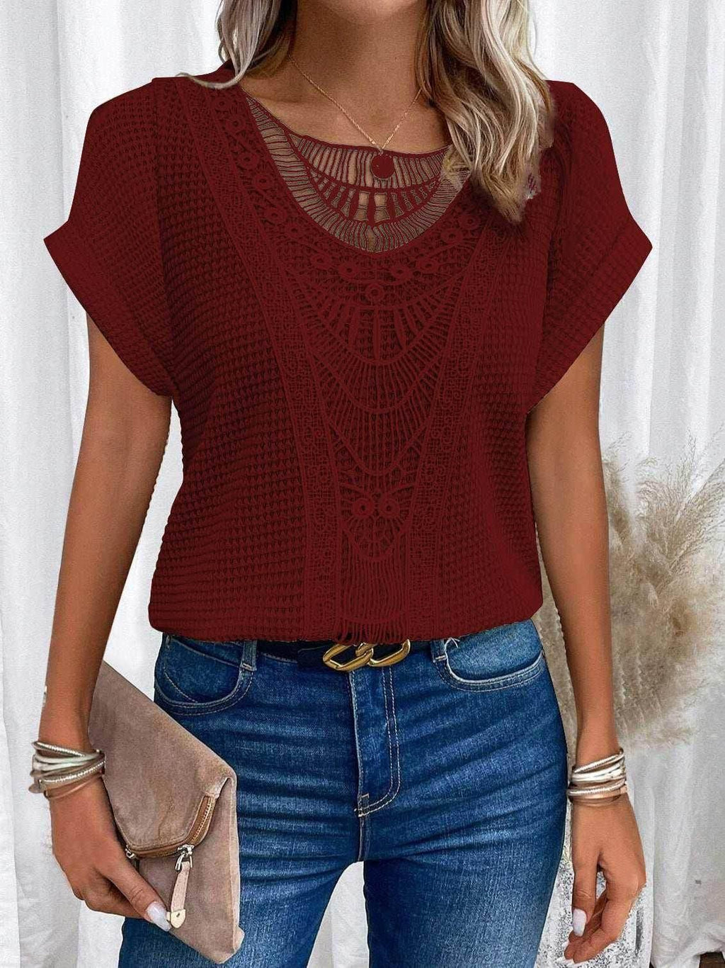 Hollow-Out Ethnic Style T-Shirt for Women - ZA-Zola