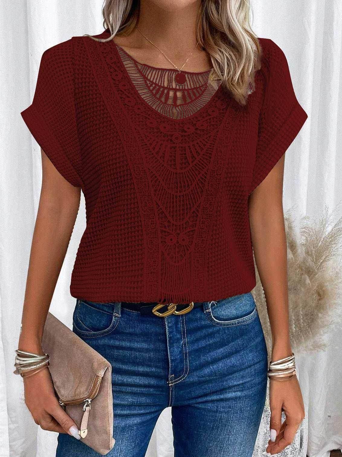 Hollow-Out Ethnic Style T-Shirt for Women - ZA-Zola