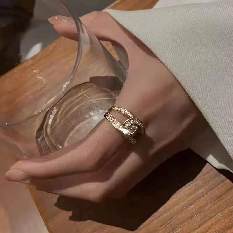 Double C Gold Open Ring with Sparkling Zircon - ZA-Zola