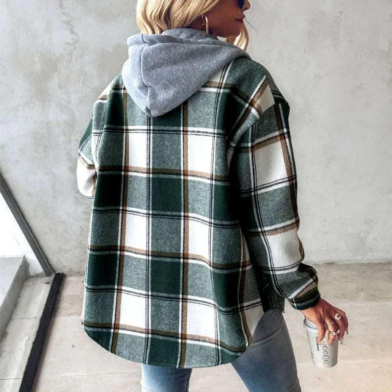 Plaid Hooded Jacket Women Button Pocket Coat - ZA-Zola