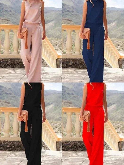 Chic women's sleeveless jumpsuit in pink, navy, black, and red, styled with clutch bag, ZA-Zola fashion