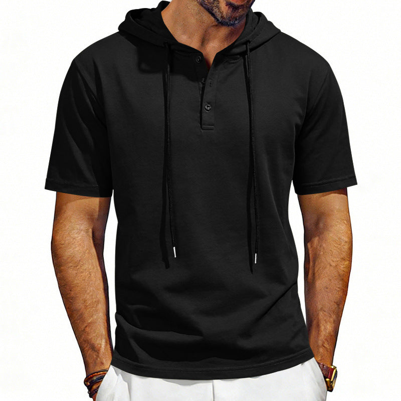 Navy blue short-sleeve hoodie worn by a person on a white background