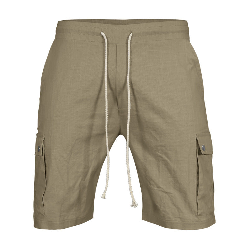 Khaki shorts with drawstring on a white background