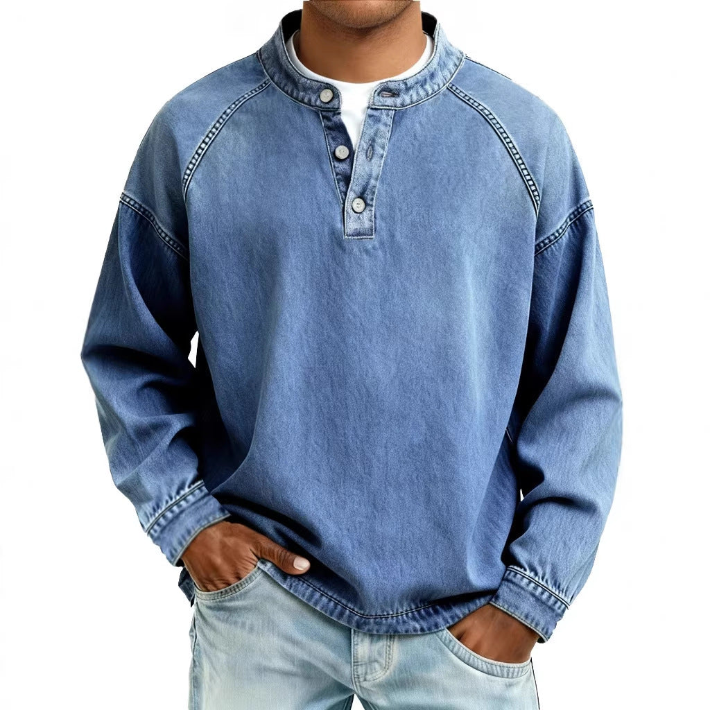 Person wearing a blue denim long-sleeve shirt on a white background