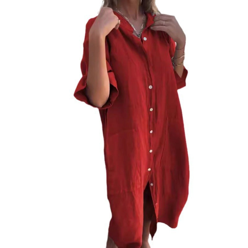 Cotton Linen Casual Shirt Dress | Half Sleeve Women