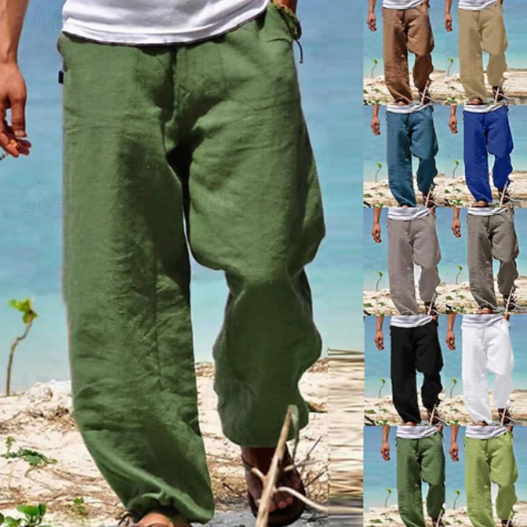 Green baggy pants worn by a person with a collage of other people wearing different colored pants in the background.